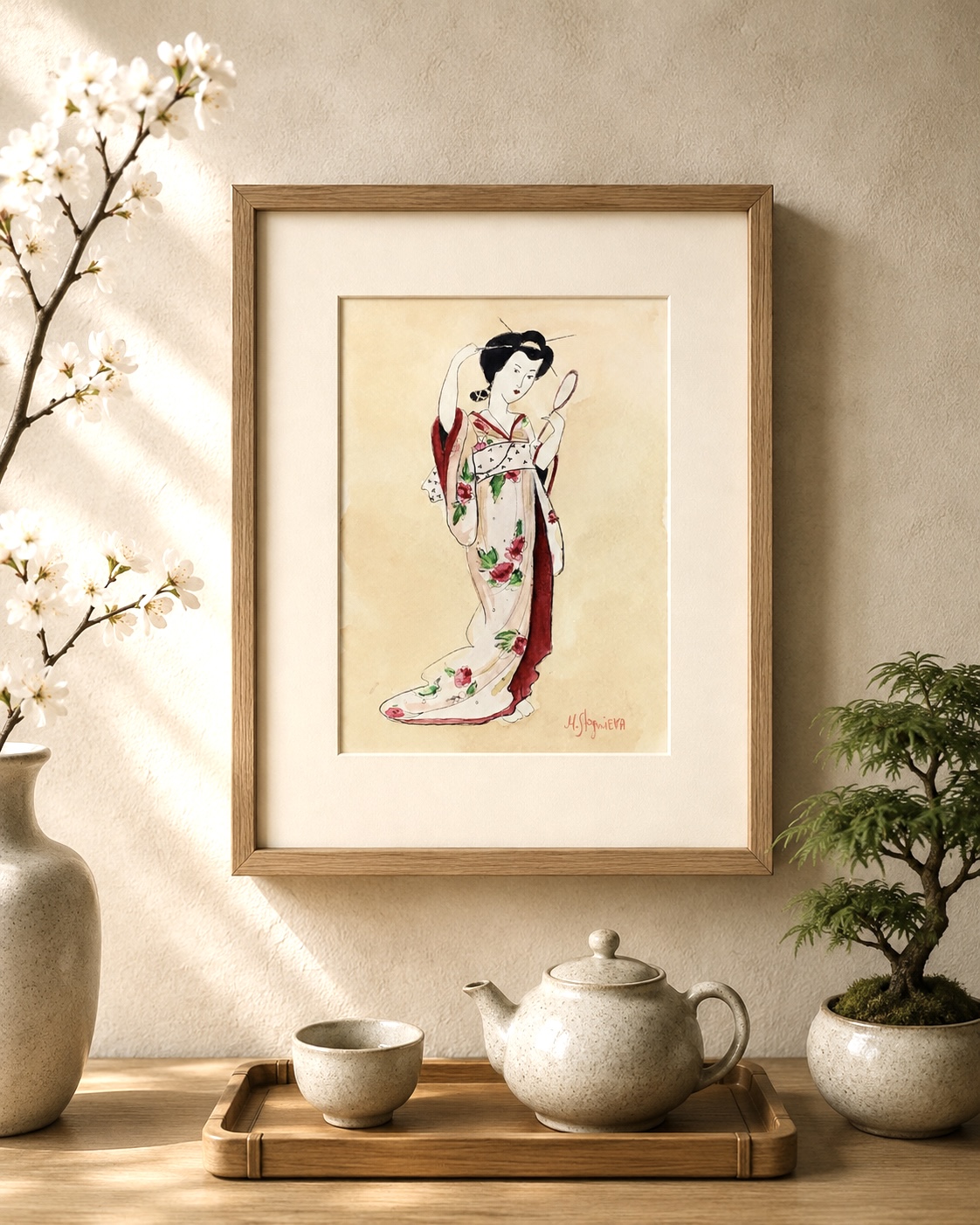 Japanese Geisha in a Kimono with a Mirror displayed in a light Japanese-inspired interior